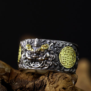 Buddha Gift 925 Sterling Silver PiXiu Copper Coin Brass Wealth Luck Adjustable Ring