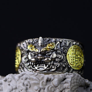 Buddha Gift 925 Sterling Silver PiXiu Copper Coin Brass Wealth Luck Adjustable Ring