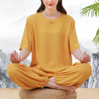 Buddha Gift 2pcs Plain Color Frog-Button Simple Design Crew Neck Design Half Sleeve Shirt Top Elastic Waist Pants Meditation Zen Tai Chi Cotton Clothing Women's Set