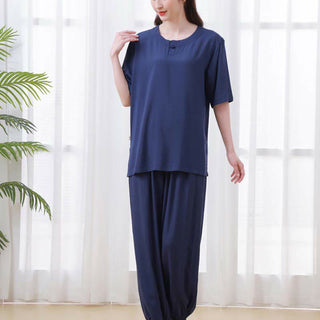 Buddha Gift 2pcs Plain Color Frog-Button Simple Design Crew Neck Design Half Sleeve Shirt Top Elastic Waist Pants Meditation Zen Tai Chi Cotton Clothing Women's Set