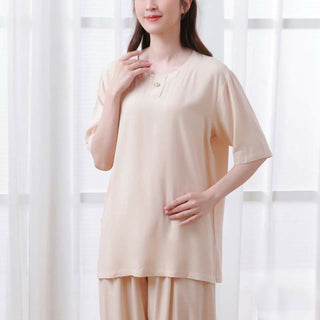 Buddha Gift 2pcs Plain Color Frog-Button Simple Design Crew Neck Design Half Sleeve Shirt Top Elastic Waist Pants Meditation Zen Tai Chi Cotton Clothing Women's Set