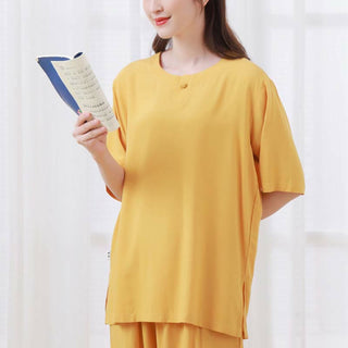 Buddha Gift 2pcs Plain Color Frog-Button Simple Design Crew Neck Design Half Sleeve Shirt Top Elastic Waist Pants Meditation Zen Tai Chi Cotton Clothing Women's Set