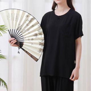 Buddha Gift 2pcs Plain Color Frog-Button Simple Design Crew Neck Design Half Sleeve Shirt Top Elastic Waist Pants Meditation Zen Tai Chi Cotton Clothing Women's Set