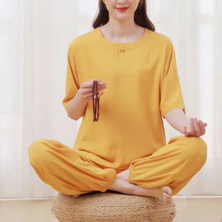 Buddha Gift 2pcs Plain Color Frog-Button Simple Design Crew Neck Design Half Sleeve Shirt Top Elastic Waist Pants Meditation Zen Tai Chi Cotton Clothing Women's Set