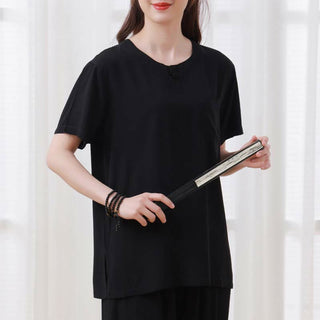 Buddha Gift 2pcs Plain Color Frog-Button Simple Design Crew Neck Design Half Sleeve Shirt Top Elastic Waist Pants Meditation Zen Tai Chi Cotton Clothing Women's Set