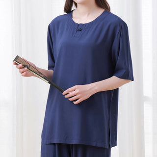 Buddha Gift 2pcs Plain Color Frog-Button Simple Design Crew Neck Design Half Sleeve Shirt Top Elastic Waist Pants Meditation Zen Tai Chi Cotton Clothing Women's Set