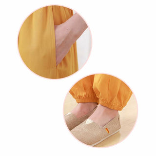 Buddha Gift 2pcs Plain Color Frog-Button Simple Design Crew Neck Design Half Sleeve Shirt Top Elastic Waist Pants Meditation Zen Tai Chi Cotton Clothing Women's Set