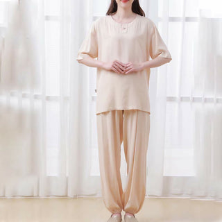 Buddha Gift 2pcs Plain Color Frog-Button Simple Design Crew Neck Design Half Sleeve Shirt Top Elastic Waist Pants Meditation Zen Tai Chi Cotton Clothing Women's Set