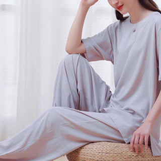 Buddha Gift 2pcs Plain Color Frog-Button Simple Design Crew Neck Design Half Sleeve Shirt Top Elastic Waist Pants Meditation Zen Tai Chi Cotton Clothing Women's Set