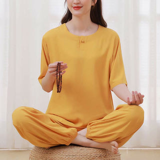 Buddha Gift 2pcs Plain Color Frog-Button Simple Design Crew Neck Design Half Sleeve Shirt Top Elastic Waist Pants Meditation Zen Tai Chi Cotton Clothing Women's Set
