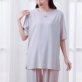 Buddha Gift 2pcs Plain Color Frog-Button Simple Design Crew Neck Design Half Sleeve Shirt Top Elastic Waist Pants Meditation Zen Tai Chi Cotton Clothing Women's Set