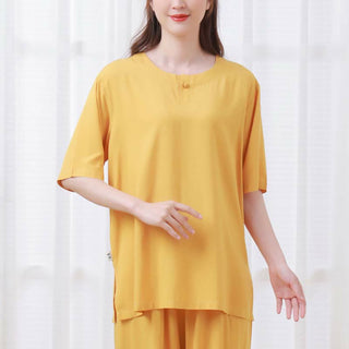 Buddha Gift 2pcs Plain Color Frog-Button Simple Design Crew Neck Design Half Sleeve Shirt Top Elastic Waist Pants Meditation Zen Tai Chi Cotton Clothing Women's Set