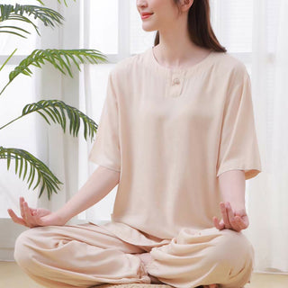 Buddha Gift 2pcs Plain Color Frog-Button Simple Design Crew Neck Design Half Sleeve Shirt Top Elastic Waist Pants Meditation Zen Tai Chi Cotton Clothing Women's Set