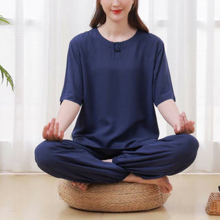 Buddha Gift 2pcs Plain Color Frog-Button Simple Design Crew Neck Design Half Sleeve Shirt Top Elastic Waist Pants Meditation Zen Tai Chi Cotton Clothing Women's Set