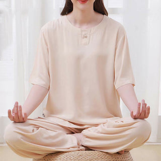 Buddha Gift 2pcs Plain Color Frog-Button Simple Design Crew Neck Design Half Sleeve Shirt Top Elastic Waist Pants Meditation Zen Tai Chi Cotton Clothing Women's Set