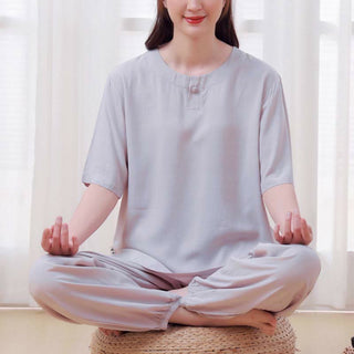 Buddha Gift 2pcs Plain Color Frog-Button Simple Design Crew Neck Design Half Sleeve Shirt Top Elastic Waist Pants Meditation Zen Tai Chi Cotton Clothing Women's Set