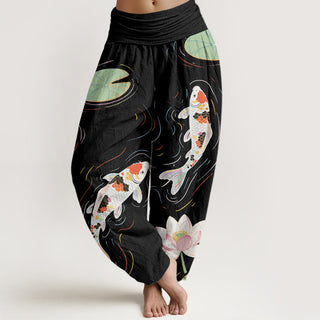Buddha Gift Lotus Flower Lotus Leaves Koi Fish Water Ripples Pattern Women's Elastic Waist Harem Pants