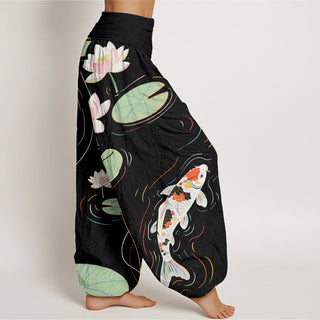 Buddha Gift Lotus Flower Lotus Leaves Koi Fish Water Ripples Pattern Women's Elastic Waist Harem Pants