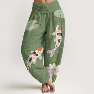 Buddha Gift Lotus Flower Lotus Leaves Koi Fish Water Ripples Pattern Women's Elastic Waist Harem Pants