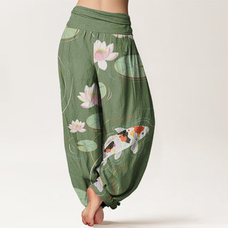 Buddha Gift Lotus Flower Lotus Leaves Koi Fish Water Ripples Pattern Women's Elastic Waist Harem Pants