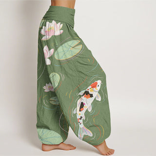 Buddha Gift Lotus Flower Lotus Leaves Koi Fish Water Ripples Pattern Women's Elastic Waist Harem Pants