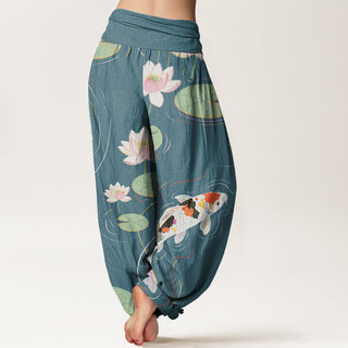 Buddha Gift Lotus Flower Lotus Leaves Koi Fish Water Ripples Pattern Women's Elastic Waist Harem Pants