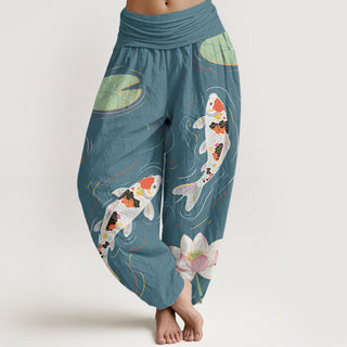 Buddha Gift Lotus Flower Lotus Leaves Koi Fish Water Ripples Pattern Women's Elastic Waist Harem Pants