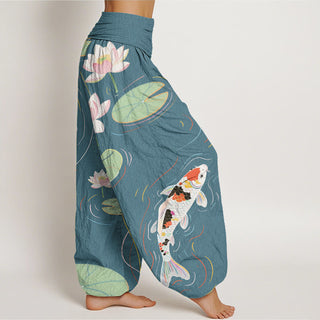 Buddha Gift Lotus Flower Lotus Leaves Koi Fish Water Ripples Pattern Women's Elastic Waist Harem Pants