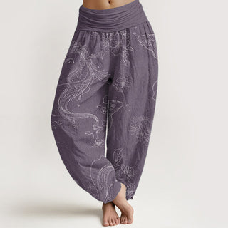 Buddha Gift Pure Cotton Koi Fish Floral Pattern Women's Elastic Waist Harem Pants