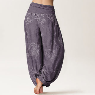 Buddha Gift Pure Cotton Koi Fish Floral Pattern Women's Elastic Waist Harem Pants