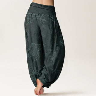 Buddha Gift Pure Cotton Koi Fish Floral Pattern Women's Elastic Waist Harem Pants
