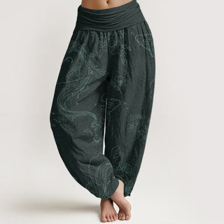 Buddha Gift Pure Cotton Koi Fish Floral Pattern Women's Elastic Waist Harem Pants