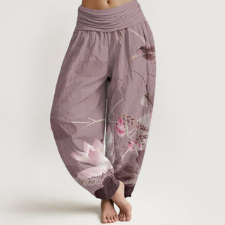 Buddha Gift Pure Cotton Pink Lotus Leaves Bird Pattern Women's Elastic Waist Harem Pants
