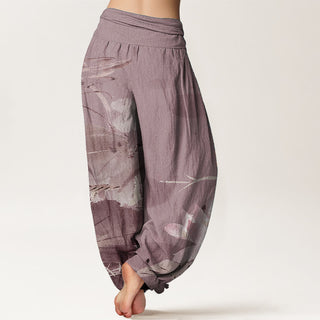 Buddha Gift Pure Cotton Pink Lotus Leaves Bird Pattern Women's Elastic Waist Harem Pants