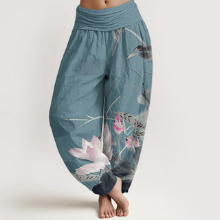 Buddha Gift Pure Cotton Pink Lotus Leaves Bird Pattern Women's Elastic Waist Harem Pants