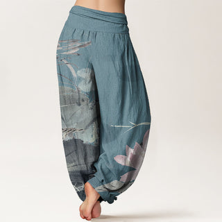 Buddha Gift Pure Cotton Pink Lotus Leaves Bird Pattern Women's Elastic Waist Harem Pants