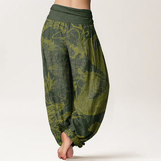 Buddha Gift Pure Cotton Dragon Auspicious Clouds Women's Elastic Waist Harem Pants