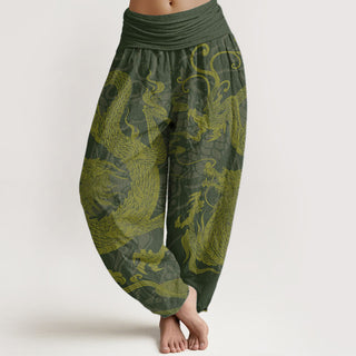 Buddha Gift Pure Cotton Dragon Auspicious Clouds Women's Elastic Waist Harem Pants