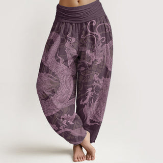 Buddha Gift Pure Cotton Dragon Auspicious Clouds Women's Elastic Waist Harem Pants