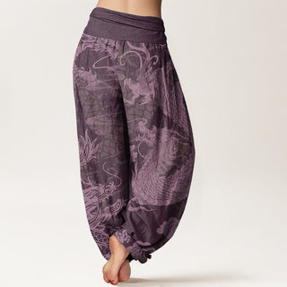 Buddha Gift Pure Cotton Dragon Auspicious Clouds Women's Elastic Waist Harem Pants