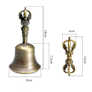 Buddha Gift 2Pcs Handmade Tibetan Meditation Bell and Vajra Dorje Copper Strength Decoration Set