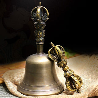 Buddha Gift 2Pcs Handmade Tibetan Meditation Bell and Vajra Dorje Copper Strength Decoration Set