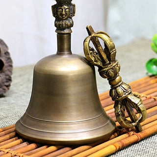 Buddha Gift 2Pcs Handmade Tibetan Meditation Bell and Vajra Dorje Copper Strength Decoration Set