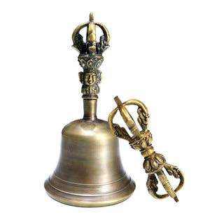 Buddha Gift 2Pcs Handmade Tibetan Meditation Bell and Vajra Dorje Copper Strength Decoration Set