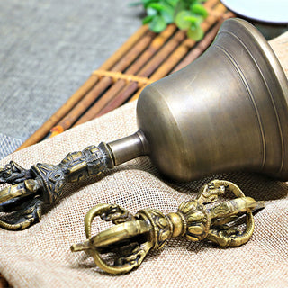 Buddha Gift 2Pcs Handmade Tibetan Meditation Bell and Vajra Dorje Copper Strength Decoration Set