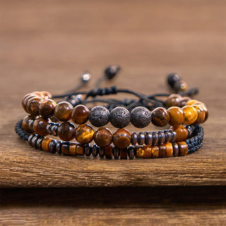 Buddha Gift 3Pcs Tiger Eye Lava Rock Protection Bracelet Set