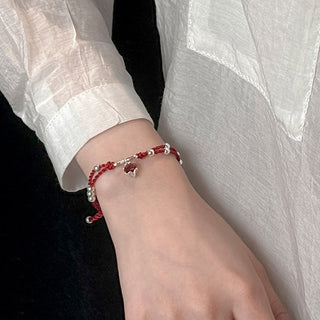 Buddha Gift 925 Sterling Silver Fox Peach Blossom Red String Connection Bracelet Anklet