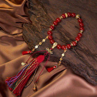 Buddha Gift 18 Beads Copper Coins Tibet Tassel Red Agate Calm Wrist Mala