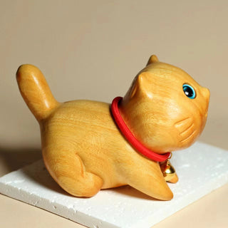 Buddha Gift Mini Sandalwood Carved Lucky Confident Cat Healing Decoration