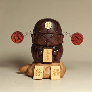 Buddha Gift God Of Wealth Caishen Black Walnut Beech Statue Fu Character Copper Coins Home Decoration